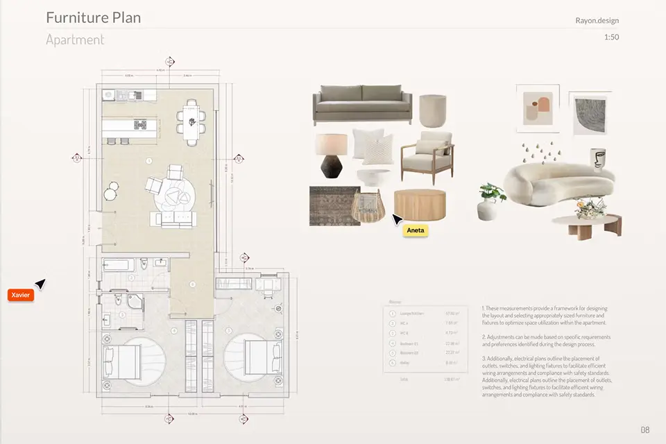 Plano sobre la mesa de la composición del mobiliario sobre un plano de la vivienda